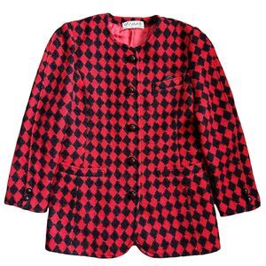 Vintage Red Black Diamond Pattern Jacket Blazer Lined Denak Paris